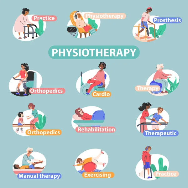 Conjunto infográfico de fisioterapia e reabilitação —  Vetores de Stock