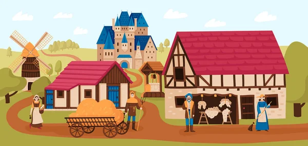 Σύνθεση τοπίου μεσαιωνικού χωριού — Διανυσματικό Αρχείο