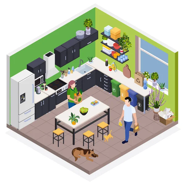 Сімейне використання органічної їжі в інтер'єрі кухні — стоковий вектор