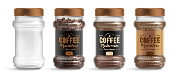 Glass Jar Coffee Realistic Set — Stok Vektör