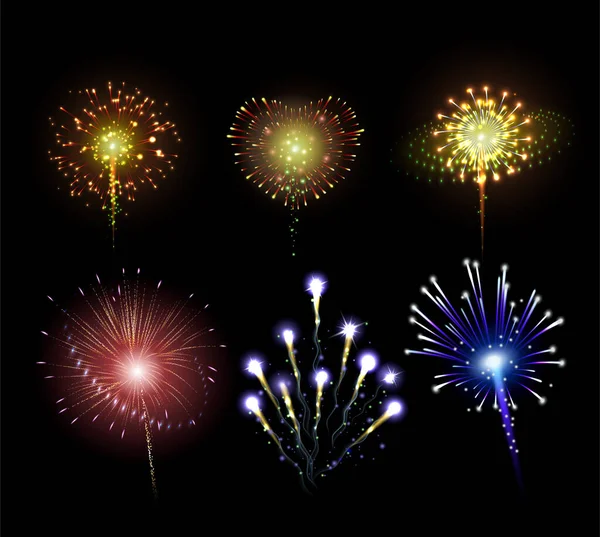 Noční realistická sada Fireworks — Stockový vektor