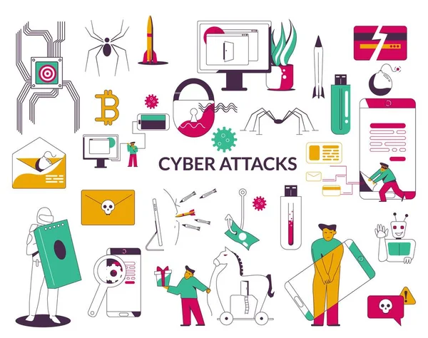 Cyber Attacks Flat Set — Stock Vector