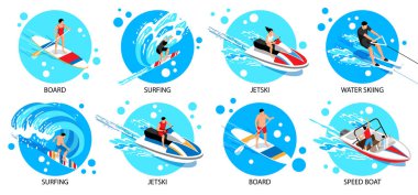 Sörf sembolleri izole edilmiş vektör illüstrasyonlu Watersport izometrik kümesi