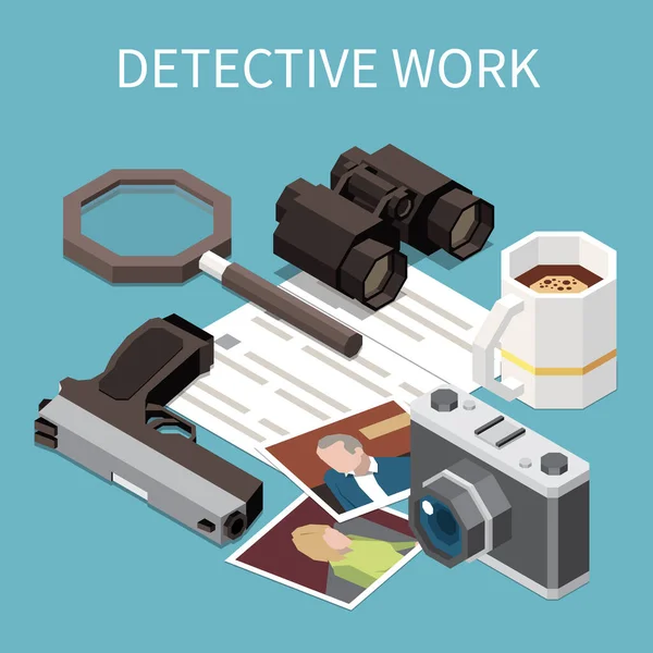 Detective Isométrico Agente Especial Espía Trabajo Composición Con Binoculares Cámara — Vector de stock