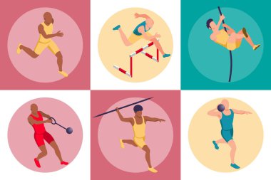 İzole edilmiş yuvarlak kompozisyonlar ve renkli üniformalı sporcu karakterleri ile atletizm aletleri çizimi.