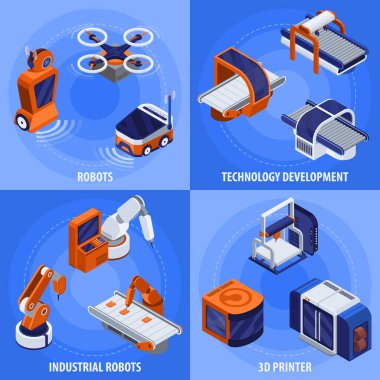 Akıllı endüstri izometrik konsept simgeleri robot sembolleri izole edilmiş vektör illüstrasyonu