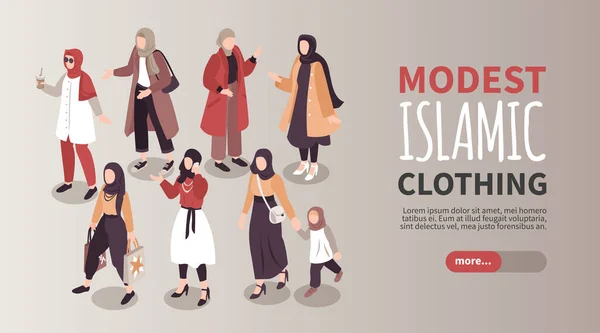 Banner Horizontal Roupas Islâmicas Modestas Com Grupo Jovens Mulheres Muçulmanas —  Vetores de Stock