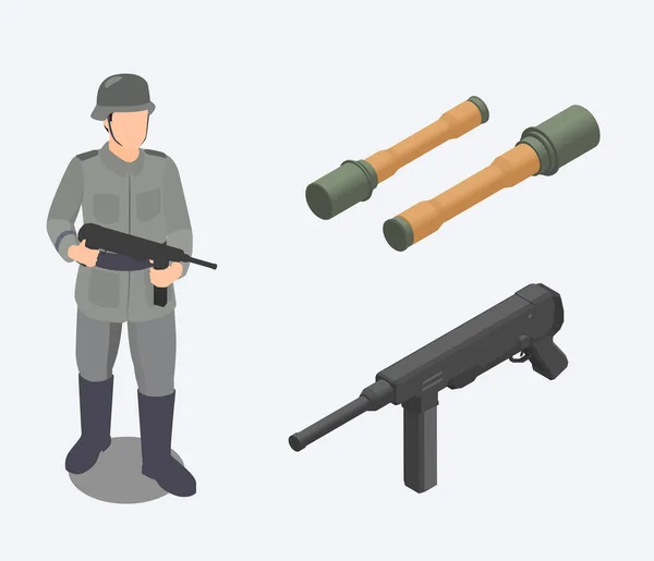 Deuxième Guerre Mondiale Soldat Avec Fusil Assaut Illustration Vectorielle Isométrique — Image vectorielle