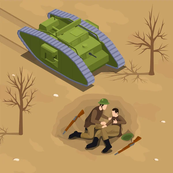第一次世界大戦中の装甲タンクと歩兵をエントランスフィルタのイラストでアイソメトリックコンポジション — ストックベクタ