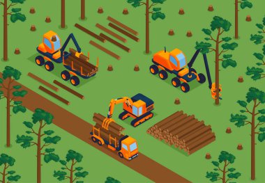 Orman vektörü illüstrasyonunda tahtakurusu makineleri ile Isometric kereste değirmeni konsepti