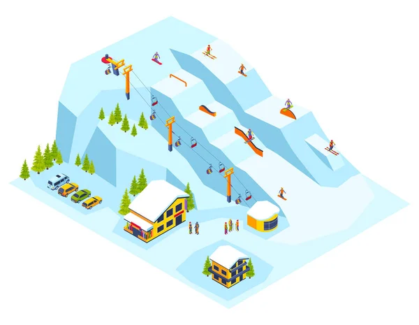 Estación Esquí Composición Isométrica Con Aparcamiento Cerca Chalet Personas Esquiando — Vector de stock