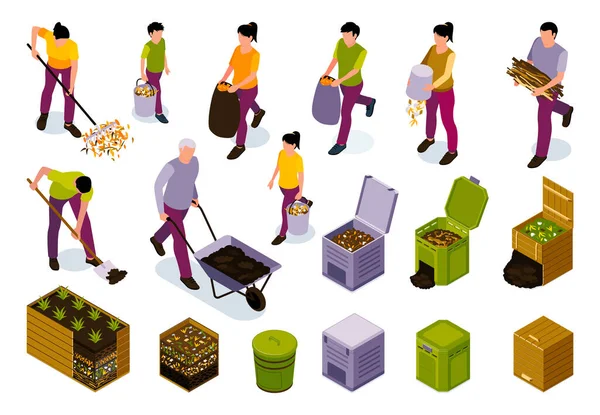 Zero Waste Isometric Colored Design Concept Set Gardeners Participating Process — Stock Vector