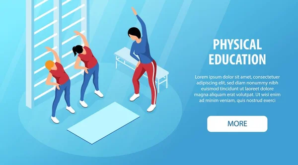 女性教師と2人の学生との等方水平ウェブバナーは 体育の授業で演習を行う3Dベクトルイラスト — ストックベクタ