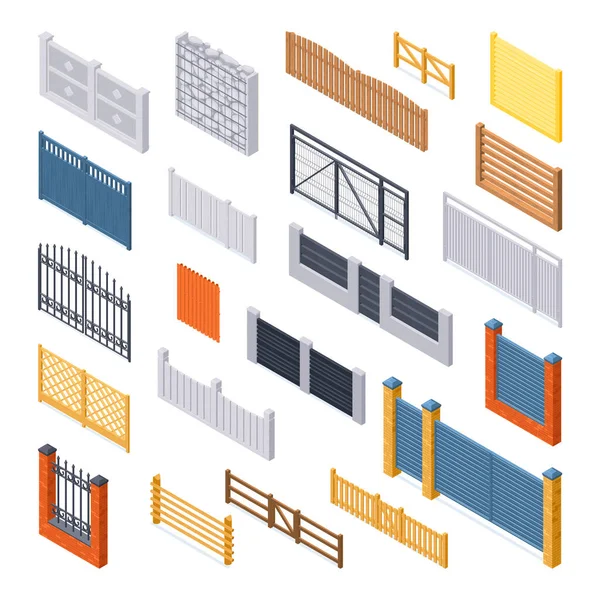 Isometrische Reeks Poorten Landhuishekken Geïsoleerde Vectorillustratie — Stockvector