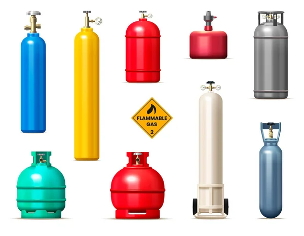 Gasflaskor Och Tankar Realistiska Uppsättning Med Brandfarliga Gas Symboler Isolerade — Stock vektor