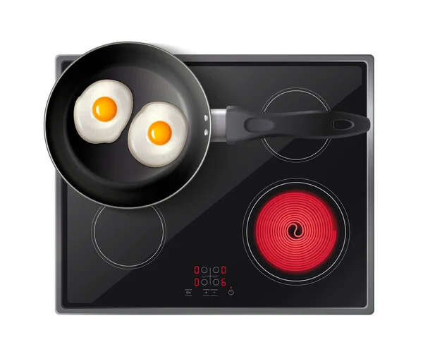 Cookware Composição Vista Superior Realista Com Frigideira Com Dois Ovos —  Vetores de Stock