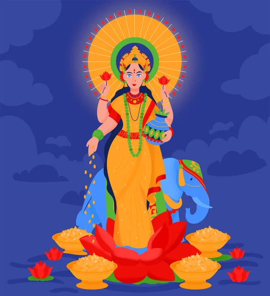 Ancien Dieu Hindou Indien Lakshmi Composition Divinité Robe Dorée Avec — Image vectorielle