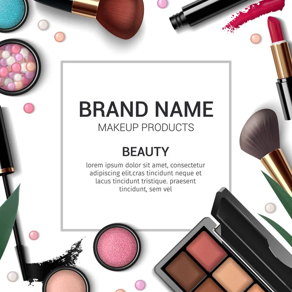 Produk Makeup Komposisi Iklan Dengan Lipstik Eyeshadows Blusher Maskara Sikat - Stok Vektor