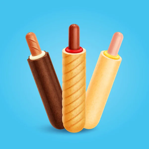 Hot Dog Français Composition Réaliste Avec Ensemble Trois Hot Dogs — Image vectorielle