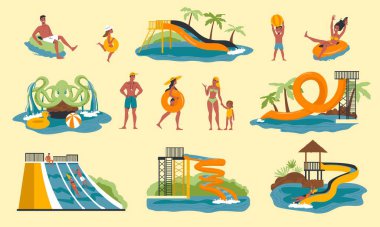 Su kaydırakları ve tüpler izole vektör illüstrasyonlu Aquapark düz konsepti