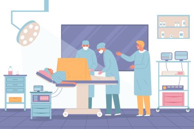 Hastane sahnesinde doğum yapan hamile kadın düz vektör çizimi