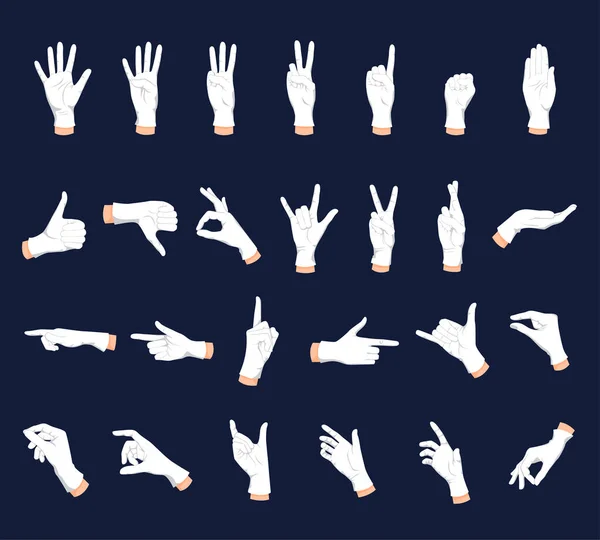 Menschliche Hände Gestikulieren Flach Mit Vereinzelten Ikonen Weißer Handflächen Die — Stockvektor