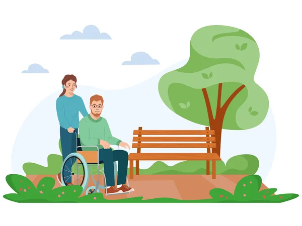 屋外公園の風景と慈善フラット組成物と車椅子の障害者女性ボランティアベクトルのイラストが運ぶ — ストックベクタ