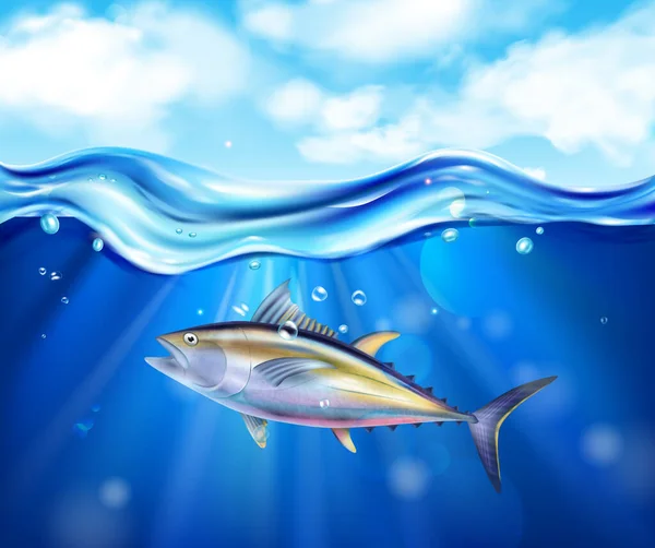 Realistic Colored Tuna Sea Composition Fish Swimming Ocean Underwater Vector — Stock Vector