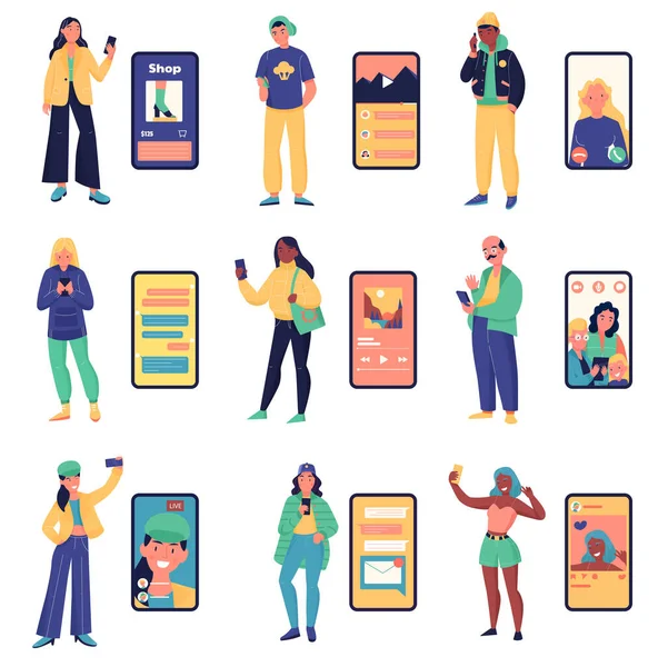 Persone Smartphone Insieme Personaggi Umani Grafici Nei Social Media Fare — Vettoriale Stock