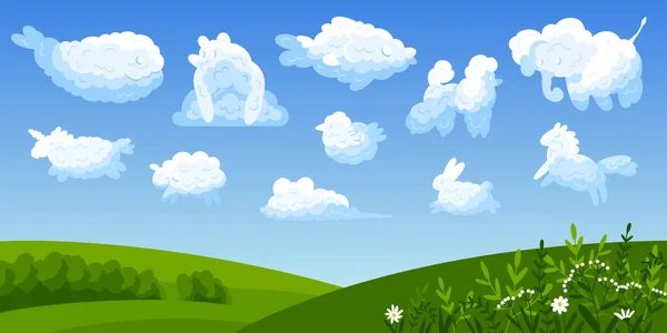 在蓝天矢量图上 动物云彩构成了各种可爱的动物云彩形态 — 图库矢量图片