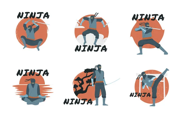 Lapos Készlet Ninja Emblémák Harcos Karakterek Meditáló Képzés Fegyverek Elszigetelt — Stock Vector