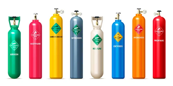 Gasflaschen Und Tanks Realistisches Set Mit Helium Und Sauerstoffsymbolen Isolierte — Stockvektor