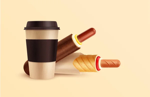 Francia Hot Dog Reális Összetétele Készlet Fehér Barna Hotdog Kávé — Stock Vector