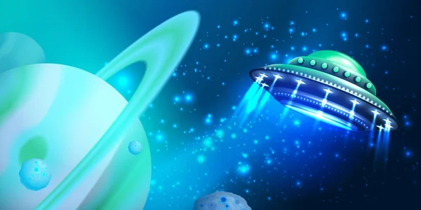 Alien Ufo Bakgrund Med Galax Prospektering Symboler Realistisk Vektor Illustration — Stock vektor