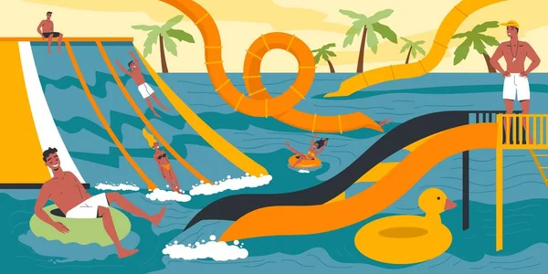 Praia Aquapark Composição Plana Com Pessoas Felizes Atrações Aquáticas Ilustração — Vetor de Stock