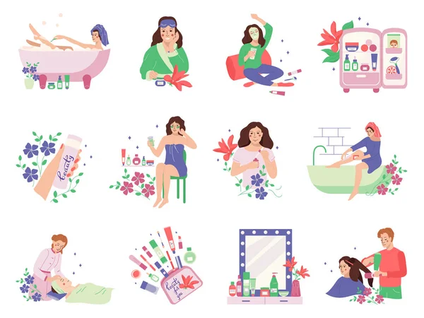 Woman Body Beauty Care Flat Set Isolated Icons Flowers Female — Stock Vector