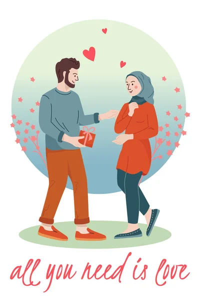 Hijab Kvinna Platt Bakgrund Med Tecken Kärleksfullt Par Omgiven Hjärtan — Stock vektor