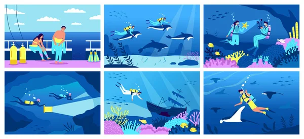 Potápění Plochý Plakát Set Lidmi Šnorchlování Pod Vodou Izolované Vektorové — Stockový vektor