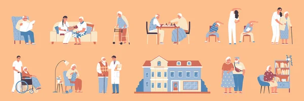 Pflegeheim Flat Icons Set Mit Medizinischer Hilfe Und Freiwilliger Unterstützung — Stockvektor