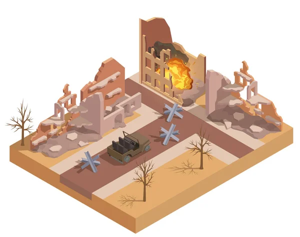Romba Dőlt Épületek Tűzben Megsemmisült Háborús Város Izometrikus Vektor Illusztráció — Stock Vector