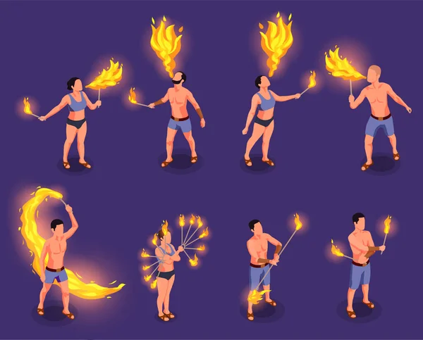 Icônes Isométriques Spectacle Feu Réglées Avec Des Artistes Rue Masculins — Image vectorielle