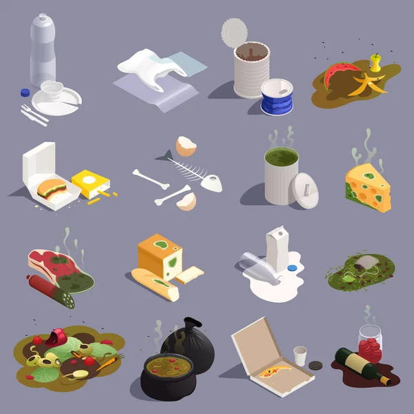Σετ Ισομετρικών Αποβλήτων Τροφίμων Ληγμένα Σάπια Προϊόντα Υπολείμματα Πλαστικών Υπολειμμάτων — Διανυσματικό Αρχείο