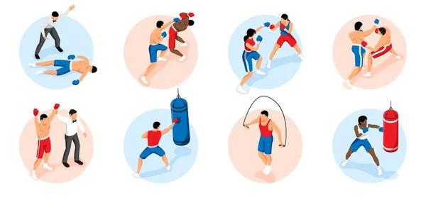 Isometric Boxing Set Circle Compositions Practice Boxing Fight Scenes Men — Stock Vector