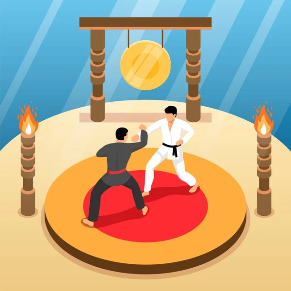 Isometric Martial Arts Karate Composition Platform Two Fighting Men Oriental — Stock Vector