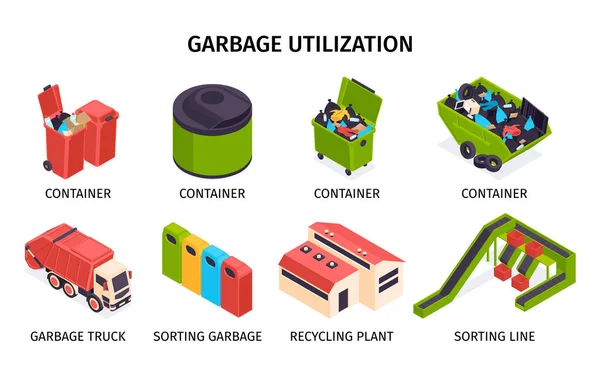 Isometric Colored Garbage Recycling Icon Set Different Types Sizes Containers — Stock Vector