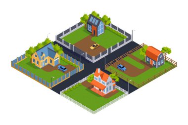 Farklı çit vektör resimleriyle çevrili özel evleri olan Isometric banliyö köyü kompozisyonu