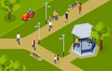 Isometric çimen kesim kompozisyonu bir park vektör illüstrasyon çim taşıyıcı sürücü ile
