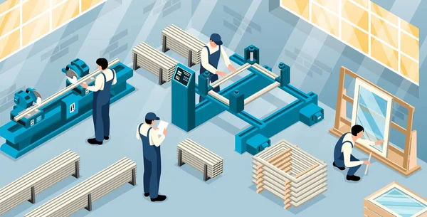 Proceso Producción Ventanas Plástico Con Equipos Fábrica Trabajadores Ilustración Uniforme — Vector de stock