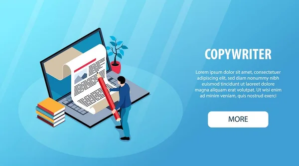 Banner Horizontal Jornalista Isométrico Com Copywriter Pedaço Papel Saindo Ilustração —  Vetores de Stock