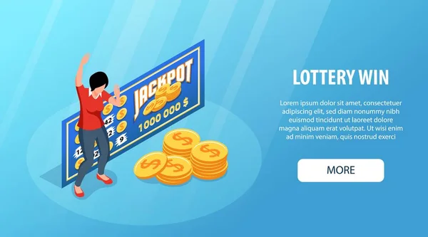 Isometric Koncepcja Wygranej Loterii Szczęśliwą Kobietą Uderzając Wektor Jackpot Ilustracji — Wektor stockowy